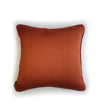 Load image into Gallery viewer, Hazeldee Home handmade double-sided cushion featuring decadent silky geometric jacquard with tones of paprika chilli with contrasting silky trim.  Approximately 18" x 18" (45cm x 45cm) square with a concealed zip.