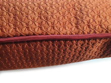 Load image into Gallery viewer, Hazeldee Home handmade double-sided cushion featuring decadent silky geometric jacquard with tones of paprika chilli with contrasting silky trim.  Approximately 18" x 18" (45cm x 45cm) square with a concealed zip.