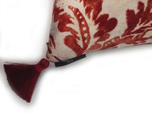 Load image into Gallery viewer, Hazeldee Home Handmade double-sided square velvet cushion with a Dutch inspired design in Regal Red from the Linwood Archive- a cream velvet with rust pheasant and filigree design print one side and Italian rust velvet on the reverse with bold contrast silky tassels.  Approximately 16" x 16" (40cm x 40cm) square with a concealed zip.  Comes with a polycotton lined cushion inner.