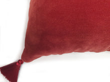 Load image into Gallery viewer, Hazeldee Home Handmade double-sided square velvet cushion with a Dutch inspired design in Regal Red from the Linwood Archive- a cream velvet with rust pheasant and filigree design print one side and Italian rust velvet on the reverse with bold contrast silky tassels.  Approximately 16" x 16" (40cm x 40cm) square with a concealed zip.  Comes with a polycotton lined cushion inner.