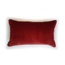 Load image into Gallery viewer, Hazeldee Home Handmade multi stripe lumbar rectangle cushion using a luxurious stripe velvet design for the front with oatmeal, rust, cream, cardamom and hints of lilac and purple. The reverse features an Italian velvet fabric in a rich sumptuous rust colour.  Together these colours beautifully depict colours of Marrakesh and add bold colour to any room.  Approximately 12" x 20" (30cm x 50cm) with a concealed zip.  Comes with a polycotton lined cushion inner.