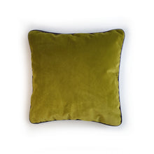 Load image into Gallery viewer, Hazeldee Home Limited Edition Handmade double-sided cushion using a bold yet neutral oversized paisley design fabric on a polyester/cotton base on one side and vibrant Italian velvet lime on the reverse, edged with a contrasting satin trim.     This cushion is fully reversible so you essentially get two looks in one!    Approximately 16" x 16" (40cm x 40cm) square with a concealed zip.   Comes with a polycotton lined cushion inner.  Do not wash, Dry Clean Only.