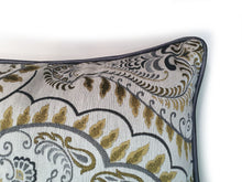 Load image into Gallery viewer, Hazeldee Home Limited Edition Handmade double-sided cushion using a bold yet neutral oversized paisley design fabric on a polyester/cotton base on one side and vibrant Italian velvet lime on the reverse, edged with a contrasting satin trim.     This cushion is fully reversible so you essentially get two looks in one!    Approximately 16" x 16" (40cm x 40cm) square with a concealed zip.   Comes with a polycotton lined cushion inner.  Do not wash, Dry Clean Only.