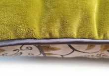 Load image into Gallery viewer, Hazeldee Home Limited Edition Handmade double-sided cushion using a bold yet neutral oversized paisley design fabric on a polyester/cotton base on one side and vibrant Italian velvet lime on the reverse, edged with a contrasting satin trim.     This cushion is fully reversible so you essentially get two looks in one!    Approximately 16" x 16" (40cm x 40cm) square with a concealed zip.   Comes with a polycotton lined cushion inner.  Do not wash, Dry Clean Only.