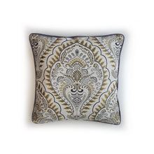 Load image into Gallery viewer, Hazeldee Home Limited Edition Handmade double-sided cushion using a bold yet neutral oversized paisley design fabric on a polyester/cotton base on one side and vibrant Italian velvet lime on the reverse, edged with a contrasting satin trim.     This cushion is fully reversible so you essentially get two looks in one!    Approximately 16" x 16" (40cm x 40cm) square with a concealed zip.   Comes with a polycotton lined cushion inner.  Do not wash, Dry Clean Only.
