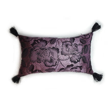 Load image into Gallery viewer, Hazeldee Home Handmade lilac and black floral and leopard jacquard cushion with black rhinestone embellished letters spelling 'EXTRA' and finished with bold silky black tassels.   The lilac fabric has a striking black floral and leopard design holds it own against the black rhinestone letters that sit on top.  A great combination.  Perfect for the person who loves a little something 'EXTRA' or 'BOUJEE' and lives life as such!