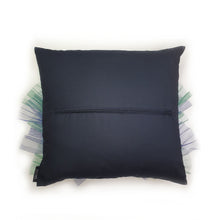 Load image into Gallery viewer, Hazeldee Home Handmade peacock bird illustration character cushion with 3D feather effect trim.       A great conversational peacock cushion for kids and grown ups alike!  Bring some fun and colour into your space with this handmade cushion with a peacock cushion with a plume of blue and green feather-like trim with a navy fabric base!  Hazeldee Home design.  Approximately 16" x 16" (40cm x 40cm) with a centre back zip. Comes with a polycotton cushion inner.