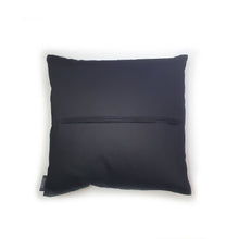 Load image into Gallery viewer, Hazeldee Home Handmade Parrot cushion with 3D feather effect trim.      A great conversational parrot cushion for kids and grown ups alike!  Bring some fun and colour into your space with this handmade cushion with a bold blue parrot cushion with plume of blue and yellow feather-like trim with a tropical leaf fabric base!  A one-of-a-kind Hazeldee Home design.  Approximately 16" x 16" (40cm x 40cm) with a centre back zip. Comes with a polycotton cushion inner.