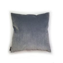 Load image into Gallery viewer, Hazeldee Home Handmade pink crown swan character cushion with 3D feather effect trim on a sumptuous Italian grey velvet base that adds a sophisticated edge.      A great conversational swan cushion for kids and grown ups alike!  Bring some fun and colour into your space with this handmade cushion with a white swan cushion with plume of white feather-like trim with a grey Italian velvet base!  A Hazeldee Home design.  Approximately 16" x 16" (40cm x 40cm) with a concealed zip.