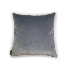Load image into Gallery viewer, Hazeldee Home Handmade pink crown swan character cushion with 3D feather effect trim on a sumptuous Italian grey velvet base that adds a sophisticated edge.      A great conversational swan cushion for kids and grown ups alike!  Bring some fun and colour into your space with this handmade cushion with a white swan cushion with plume of white feather-like trim with a grey Italian velvet base!  A Hazeldee Home design.  Approximately 16" x 16" (40cm x 40cm) with a concealed zip.