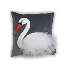Load image into Gallery viewer, Hazeldee Home Handmade pink crown swan character cushion with 3D feather effect trim on a sumptuous Italian grey velvet base that adds a sophisticated edge.      A great conversational swan cushion for kids and grown ups alike!  Bring some fun and colour into your space with this handmade cushion with a white swan cushion with plume of white feather-like trim with a grey Italian velvet base!  A Hazeldee Home design.  Approximately 16" x 16" (40cm x 40cm) with a concealed zip.
