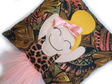 Load image into Gallery viewer, Hazeldee Home Handmade Munchkin cushion with trim skirt and legs that extend from the body of the cushion. Bold Aztec base with leopard body. Approximately 16" x 16" (40cm x 40cm) with a centre back zip. Comes with a polycotton cushion inner. Each Hazeldee Home Munchkin Character Cushion comes with a numbered Certificate of Authenticity.