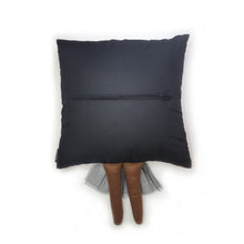 Load image into Gallery viewer, Hazeldee Home Handmade character kid's cushion with trim and legs that extend from the body of the cushion. Aztec Base with leopard and black outfit and matching coral bow. Approximately 16" x 16" (40cm x 40cm) with a centre back zip. Comes with a polycotton cushion inner. Each Hazeldee Home Munchkin Character Cushion comes with a numbered Certificate of Authenticity.