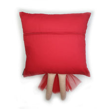 Load image into Gallery viewer, Hazeldee Home Handmade character kid's cushion with trim and legs that extend from the body of the cushion. Designed and handmade by Hazeldee Home, these cushions are a bundle of fun! Each Cushion is one-of-a-kind with bright backgrounds, different skin tones and hairstyles with bows to match! Approximately 16" x 16" (40cm x 40cm) with a centre back zip. Comes with a polycotton cushion inner. Each Hazeldee Home Munchkin Character Cushion comes with a numbered Certificate of Authenticity.