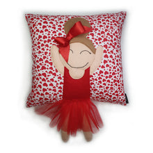 Load image into Gallery viewer, Hazeldee Home Handmade character kid's cushion with trim and legs that extend from the body of the cushion. Designed and handmade by Hazeldee Home, these cushions are a bundle of fun! Each Cushion is one-of-a-kind with bright backgrounds, different skin tones and hairstyles with bows to match! Approximately 16" x 16" (40cm x 40cm) with a centre back zip. Comes with a polycotton cushion inner. Each Hazeldee Home Munchkin Character Cushion comes with a numbered Certificate of Authenticity.