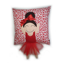 Load image into Gallery viewer, Hazeldee Home Handmade character kid's cushion with trim and legs that extend from the body of the cushion. Designed and handmade by Hazeldee Home, these cushions are a bundle of fun! Each Cushion is one-of-a-kind with bright backgrounds, different skin tones and hairstyles with bows to match! Approximately 16" x 16" (40cm x 40cm) with a centre back zip. Comes with a polycotton cushion inner. Each Hazeldee Home Munchkin Character Cushion comes with a numbered Certificate of Authenticity.
