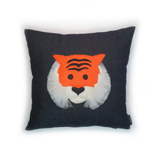 Load image into Gallery viewer, Hazeldee Home Handmade 3D Tiger Head cushion.      A great conversational Tiger cushion!  Bring some fun and colour into your space with this fun cushion with a bold tiger head cushion with 3D mane trim on a black washed denim fabric base!  Approximately 16" x 16" (40cm x 40cm) with a zip at the base.     Comes with a polycotton cushion inner.