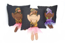 Load image into Gallery viewer, Hazeldee Home Handmade character kid's cushion with headwrap detail, trim and legs that extend from the body of the cushion.    Approximately 16" x 16" (40cm x 40cm) with a centre back zip. Comes with a polycotton cushion inner.  Each Hazeldee Home Munchkin Character Cushion comes with a numbered Certificate of Authenticity.  Black girl, black girl cushion, black girl pillow denim cushion, denim pillow