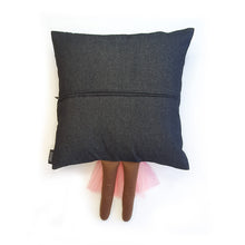 Load image into Gallery viewer, Hazeldee Home Handmade character kid's cushion with headwrap detail, trim and legs that extend from the body of the cushion.    Approximately 16" x 16" (40cm x 40cm) with a centre back zip. Comes with a polycotton cushion inner.  Each Hazeldee Home Munchkin Character Cushion comes with a numbered Certificate of Authenticity.  Black girl, black girl cushion, black girl pillow denim cushion, denim pillow