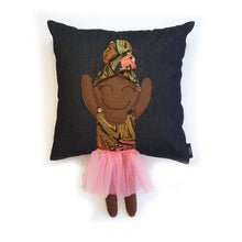 Load image into Gallery viewer, Hazeldee Home Handmade character kid's cushion with headwrap detail, trim and legs that extend from the body of the cushion.    Approximately 16" x 16" (40cm x 40cm) with a centre back zip. Comes with a polycotton cushion inner.  Each Hazeldee Home Munchkin Character Cushion comes with a numbered Certificate of Authenticity.  Black girl, black girl cushion, black girl pillow denim cushion, denim pillow