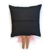 Load image into Gallery viewer, Hazeldee Home Handmade character kid's cushion with headwrap detail, trim and legs that extend from the body of the cushion.    Approximately 16" x 16" (40cm x 40cm) with a centre back zip. Comes with a polycotton cushion inner.  Each Hazeldee Home Munchkin Character Cushion comes with a numbered Certificate of Authenticity.  Black girl, black girl cushion, black girl pillow denim cushion, denim pillow