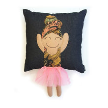 Load image into Gallery viewer, Hazeldee Home Handmade character kid's cushion with headwrap detail, trim and legs that extend from the body of the cushion.    Approximately 16" x 16" (40cm x 40cm) with a centre back zip. Comes with a polycotton cushion inner.  Each Hazeldee Home Munchkin Character Cushion comes with a numbered Certificate of Authenticity.  Black girl, black girl cushion, black girl pillow denim cushion, denim pillow