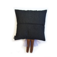 Load image into Gallery viewer, Hazeldee Home Handmade character kid's cushion with headwrap detail, trim and legs that extend from the body of the cushion.    Approximately 16" x 16" (40cm x 40cm) with a centre back zip. Comes with a polycotton cushion inner.  Each Hazeldee Home Munchkin Character Cushion comes with a numbered Certificate of Authenticity.  Black girl, black girl cushion, black girl pillow denim cushion, denim pillow