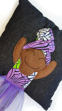 Load image into Gallery viewer, Hazeldee Home Handmade character kid's cushion with headwrap detail, trim and legs that extend from the body of the cushion.    Approximately 16" x 16" (40cm x 40cm) with a centre back zip. Comes with a polycotton cushion inner.  Each Hazeldee Home Munchkin Character Cushion comes with a numbered Certificate of Authenticity.  Black girl, black girl cushion, black girl pillow denim cushion, denim pillow