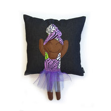 Load image into Gallery viewer, Hazeldee Home Handmade character kid's cushion with headwrap detail, trim and legs that extend from the body of the cushion.    Approximately 16" x 16" (40cm x 40cm) with a centre back zip. Comes with a polycotton cushion inner.  Each Hazeldee Home Munchkin Character Cushion comes with a numbered Certificate of Authenticity.  Black girl, black girl cushion, black girl pillow denim cushion, denim pillow