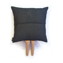 Load image into Gallery viewer, Hazeldee Home Handmade character kid's cushion with headwrap detail, trim and legs that extend from the body of the cushion.    Approximately 16" x 16" (40cm x 40cm) with a centre back zip. Comes with a polycotton cushion inner.  Each Hazeldee Home Munchkin Character Cushion comes with a numbered Certificate of Authenticity.  Black girl, black girl cushion, black girl pillow denim cushion, denim pillow