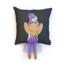 Load image into Gallery viewer, Hazeldee Home Handmade character kid's cushion with headwrap detail, trim and legs that extend from the body of the cushion.    Approximately 16" x 16" (40cm x 40cm) with a centre back zip. Comes with a polycotton cushion inner.  Each Hazeldee Home Munchkin Character Cushion comes with a numbered Certificate of Authenticity.  Black girl, black girl cushion, black girl pillow denim cushion, denim pillow