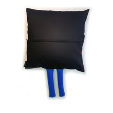 Load image into Gallery viewer, Hazeldee Home Handmade Robot Munchkin Cushion with trim detail and legs that extend from the body of the cushion.    Designed and handmade by Hazeldee Home, these cushions are a bundle of fun! Each Cushion is one-of-a-kind with bright backgrounds and bold contrasting robot character detail!   Approximately 16" x 16" (40cm x 40cm) with a centre back zip. Comes with a polycotton cushion inner.    Each Hazeldee Home Munchkin Character Cushion comes with a numbered Certificate of Authenticity.