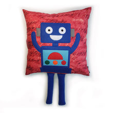 Load image into Gallery viewer, Hazeldee Home Handmade Robot Munchkin Cushion with trim detail and legs that extend from the body of the cushion.    Designed and handmade by Hazeldee Home, these cushions are a bundle of fun! Each Cushion is one-of-a-kind with bright backgrounds and bold contrasting robot character detail!   Approximately 16" x 16" (40cm x 40cm) with a centre back zip. Comes with a polycotton cushion inner.    Each Hazeldee Home Munchkin Character Cushion comes with a numbered Certificate of Authenticity.