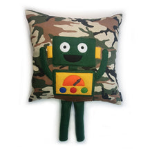 Load image into Gallery viewer, Hazeldee Home Handmade Robot Munchkin Cushion with trim detail and legs that extend from the body of the cushion.    Designed and handmade by Hazeldee Home, these cushions are a bundle of fun! Each Cushion is one-of-a-kind with bright backgrounds and bold contrasting robot character detail!   Approximately 16" x 16" (40cm x 40cm) with a centre back zip. Comes with a polycotton cushion inner.    Each Hazeldee Home Munchkin Character Cushion comes with a numbered Certificate of Authenticity.