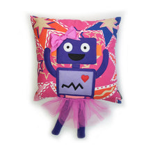Load image into Gallery viewer, Hazeldee Home Handmade Robot Munchkin Cushion with trim detail and legs that extend from the body of the cushion.    Designed and handmade by Hazeldee Home, these cushions are a bundle of fun! Each Cushion is one-of-a-kind with bright backgrounds and bold contrasting robot character detail!   Approximately 16" x 16" (40cm x 40cm) with a centre back zip. Comes with a polycotton cushion inner.    Each Hazeldee Home Munchkin Character Cushion comes with a numbered Certificate of Authenticity.