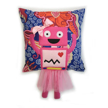 Load image into Gallery viewer, Hazeldee Home Handmade Robot Munchkin Cushion with trim detail and legs that extend from the body of the cushion.    Designed and handmade by Hazeldee Home, these cushions are a bundle of fun! Each Cushion is one-of-a-kind with bright backgrounds and bold contrasting robot character detail!   Approximately 16" x 16" (40cm x 40cm) with a centre back zip. Comes with a polycotton cushion inner.    Each Hazeldee Home Munchkin Character Cushion comes with a numbered Certificate of Authenticity.