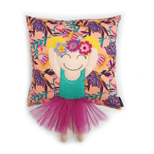 Load image into Gallery viewer, Frida Kahlo cushion inspired by artist Frida Kahlo with trim and legs that extend from the body of the cushion.    Designed and handmade by Hazeldee Home, these cushions are a bundle of fun! Each Cushion is one-of-a-kind with bright backgrounds, different skin tones and hairstyles with flowers to match!   Frida Kahlo was a Mexican painter known for self-portraits and use of bright colour.   Approximately 16" x 16" (40cm x 40cm) with a centre back zip. Comes with a polycotton cushion inner.