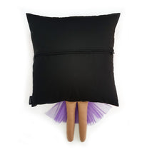Load image into Gallery viewer, Frida Kahlo cushion inspired by artist Frida Kahlo with trim and legs that extend from the body of the cushion.    Designed and handmade by Hazeldee Home, these cushions are a bundle of fun! Each Cushion is one-of-a-kind with bright backgrounds, different skin tones and hairstyles with flowers to match!   Frida Kahlo was a Mexican painter known for self-portraits and use of bright colour.   Approximately 16" x 16" (40cm x 40cm) with a centre back zip. Comes with a polycotton cushion inner.
