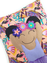 Load image into Gallery viewer, Frida Kahlo cushion inspired by artist Frida Kahlo with trim and legs that extend from the body of the cushion.    Designed and handmade by Hazeldee Home, these cushions are a bundle of fun! Each Cushion is one-of-a-kind with bright backgrounds, different skin tones and hairstyles with flowers to match!   Frida Kahlo was a Mexican painter known for self-portraits and use of bright colour.   Approximately 16" x 16" (40cm x 40cm) with a centre back zip. Comes with a polycotton cushion inner.