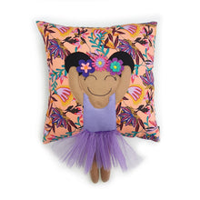 Load image into Gallery viewer, Frida Kahlo cushion inspired by artist Frida Kahlo with trim and legs that extend from the body of the cushion.    Designed and handmade by Hazeldee Home, these cushions are a bundle of fun! Each Cushion is one-of-a-kind with bright backgrounds, different skin tones and hairstyles with flowers to match!   Frida Kahlo was a Mexican painter known for self-portraits and use of bright colour.   Approximately 16" x 16" (40cm x 40cm) with a centre back zip. Comes with a polycotton cushion inner.