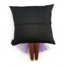 Load image into Gallery viewer, Frida Kahlo cushion inspired by artist Frida Kahlo with trim and legs that extend from the body of the cushion.    Designed and handmade by Hazeldee Home, these cushions are a bundle of fun! Each Cushion is one-of-a-kind with bright backgrounds, different skin tones and hairstyles with flowers to match!   Frida Kahlo was a Mexican painter known for self-portraits and use of bright colour.   Approximately 16" x 16" (40cm x 40cm) with a centre back zip. Comes with a polycotton cushion inner.
