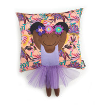 Load image into Gallery viewer, Frida Kahlo cushion inspired by artist Frida Kahlo with trim and legs that extend from the body of the cushion.    Designed and handmade by Hazeldee Home, these cushions are a bundle of fun! Each Cushion is one-of-a-kind with bright backgrounds, different skin tones and hairstyles with flowers to match!   Frida Kahlo was a Mexican painter known for self-portraits and use of bright colour.   Approximately 16" x 16" (40cm x 40cm) with a centre back zip. Comes with a polycotton cushion inner.