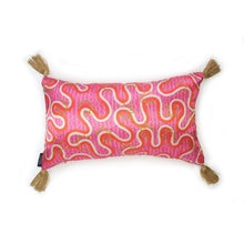 Load image into Gallery viewer, EXTRA Pink Swirl Bling Tassel Cushion Handmade silky pink swirl cushion with gold rhinestone embellished letters spelling 'EXTRA' and finished with bold silky antique gold tassels.   Perfect for the person who loves a little something 'EXTRA' or 'BOUJEE' and lives life as such!  Bold, sassy and fun, this cushion certainly makes a statement to any space!  And of course those tassels add that 'EXTRA' touch of glamour! 12" x 20" (30cm x 50cm) with a concealed zip.  Comes with a polycotton cushion inner.