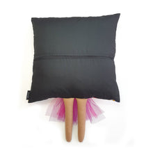 Load image into Gallery viewer, Handmade Munchkin cushion with heart sunglasses with trim and legs and tutu skirt that extend from the body of the cushion. Designed and handmade by Hazeldee Home, these cushions are a bundle of fun! Each Cushion is one-of-a-kind with bright backgrounds, different skin tones and hairstyles with bows to match! Approximately 16" x 16" (40cm x 40cm) with a centre back zip. Comes with a polycotton cushion inner. Each Hazeldee Home Munchkin Cushion comes with a numbered Certificate of Authenticity.