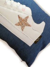 Load image into Gallery viewer, Hazeldee Home Handmade White Trainer Cushion with Pink/Silver Embellished Star on a Blue denim lumbar shape with real laces!  Approximately 12" x 20" (30cm x 50cm) with a zip opening.   Comes with a polycotton cushion inner.