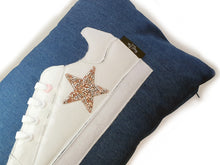 Load image into Gallery viewer, Hazeldee Home Handmade White Trainer Cushion with Pink/Silver Embellished Star on a Blue denim lumbar shape with real laces!  Approximately 12" x 20" (30cm x 50cm) with a zip opening.   Comes with a polycotton cushion inner.