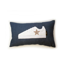 Load image into Gallery viewer, Hazeldee Home Handmade White Trainer Cushion with Pink/Silver Embellished Star on a Blue denim lumbar shape with real laces!  Approximately 12" x 20" (30cm x 50cm) with a zip opening.   Comes with a polycotton cushion inner.