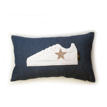 Load image into Gallery viewer, Hazeldee Home Handmade White Trainer Cushion with Pink/Silver Embellished Star on a Blue denim lumbar shape with real laces!  Approximately 12" x 20" (30cm x 50cm) with a zip opening.   Comes with a polycotton cushion inner.