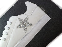 Load image into Gallery viewer, Hazeldee Home Handmade White Trainer Cushion with Silver/Clear Embellished Star on a black denim lumbar shape with real laces!  Approximately 12" x 20" (30cm x 50cm) with a zip opening.   Comes with a polycotton cushion inner.