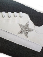 Load image into Gallery viewer, Hazeldee Home Handmade White Trainer Cushion with Silver/Clear Embellished Star on a black denim lumbar shape with real laces!  Approximately 12" x 20" (30cm x 50cm) with a zip opening.   Comes with a polycotton cushion inner.